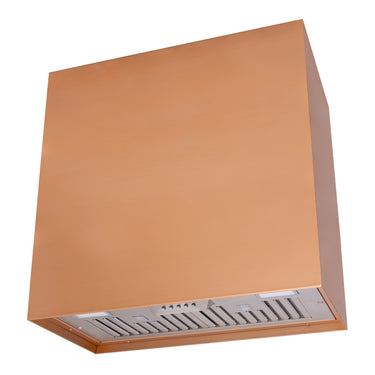 Copper-colored range hood on a white background