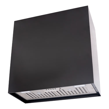 Black kitchen hood with silver exhaust on a white background