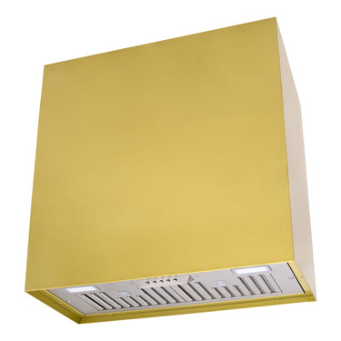 Yellow range hood with silver vent on a white background