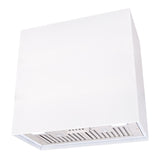 White range hood with silver grille on a white background