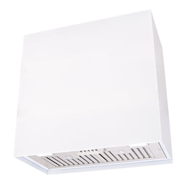 White range hood with silver grille on a white background