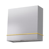 White kitchen hood with a gold accent on a white background