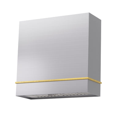 White kitchen hood with a gold accent on a white background