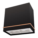 Black kitchen hood with copper trim on a white background