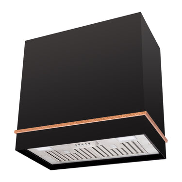 Black kitchen hood with copper trim on a white background