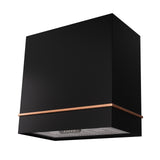 Black kitchen hood with copper accent on a white background