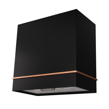Black kitchen hood with copper accent on a white background