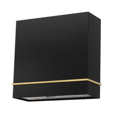 Black range hood with gold trim on a white background