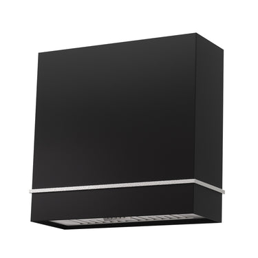 Black kitchen hood with a white trim on a white background