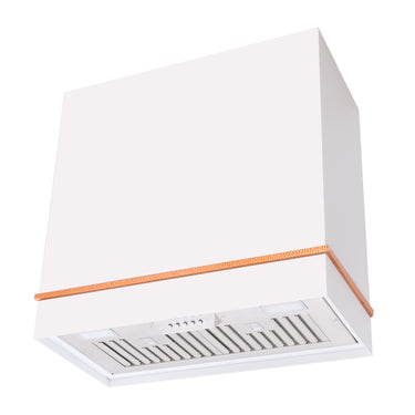 White range hood with orange trim on a white background