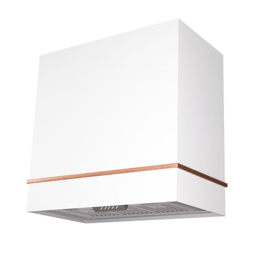 White range hood with a copper accent on a white background