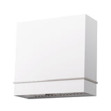 White kitchen hood with silver trim on a white background