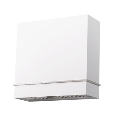 White kitchen hood with silver trim on a white background