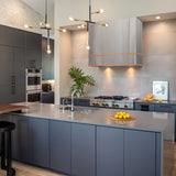 Modern kitchen with gray cabinets, stainless steel appliances, and a island.