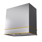 Modern kitchen hood with gold accents on a white background