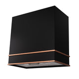 Black range hood with copper trim on a white background