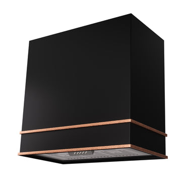 Black range hood with copper trim on a white background