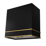 Black kitchen hood with gold trim on a white background