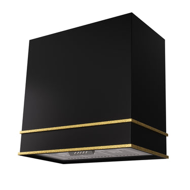 Black kitchen hood with gold trim on a white background
