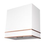 White kitchen hood with copper accents on a white background