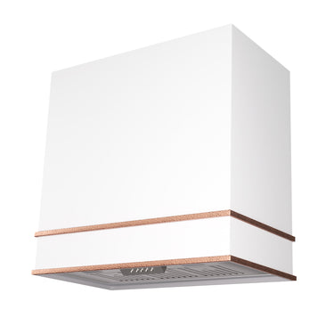 White kitchen hood with copper accents on a white background