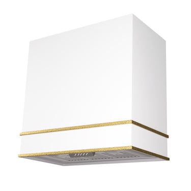 White kitchen hood with gold trim on a white background