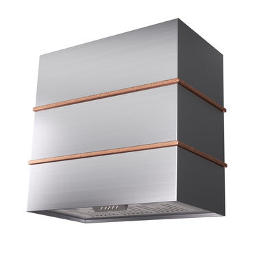 Modern kitchen hood with copper accents on a white background