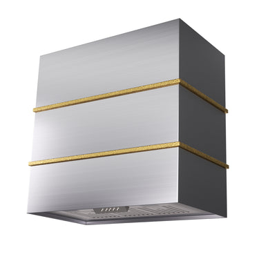 Modern kitchen hood with gold accents on a white background