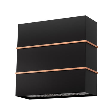 Black wall-mounted shelf with copper accents on a white background