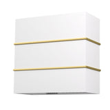 White wall light fixture with gold accents on a white background
