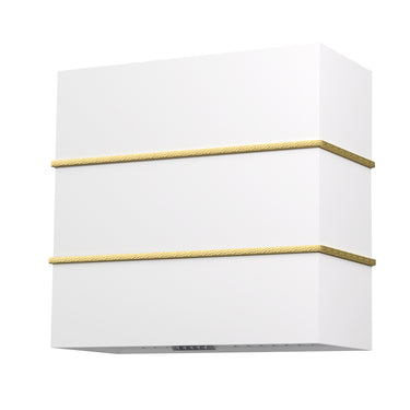 White wall light fixture with gold accents on a white background