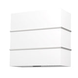 White wall-mounted light fixture with horizontal stripes on a white background