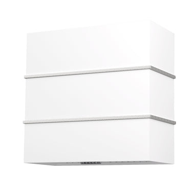 White wall-mounted light fixture with horizontal stripes on a white background