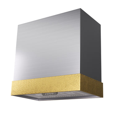 Modern kitchen hood with gold accent on a white background