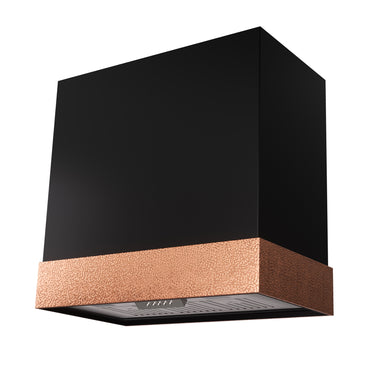 Black and copper range hood on a white background