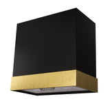 Black range hood with gold accent on a white background