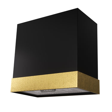 Black range hood with gold accent on a white background