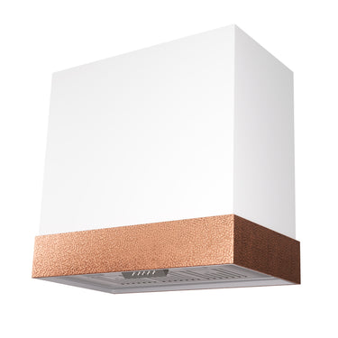 Square wall light fixture with white top and copper bottom on a white background