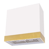 White kitchen hood with gold trim on a white background