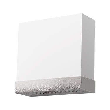 Rectangular white range hood on a white background