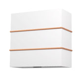 White wall light fixture with brown accents on a white background