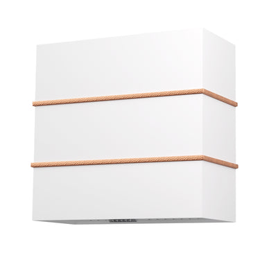 White wall light fixture with brown accents on a white background