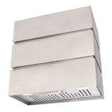 Stainless steel range hood on a white background