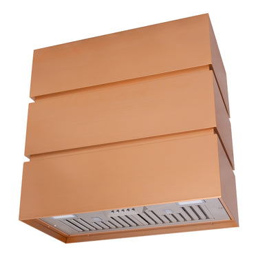 Copper-colored range hood on a white background
