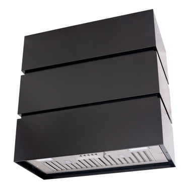 Black kitchen hood with silver interior on a white background