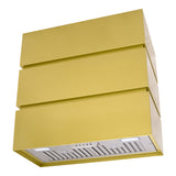 Yellow range hood with silver vent on a white background