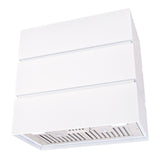 White range hood with silver exhaust grille on a white background