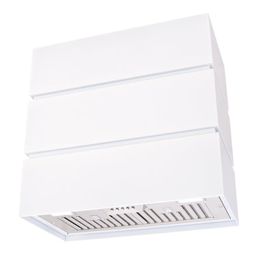 White range hood with silver exhaust grille on a white background