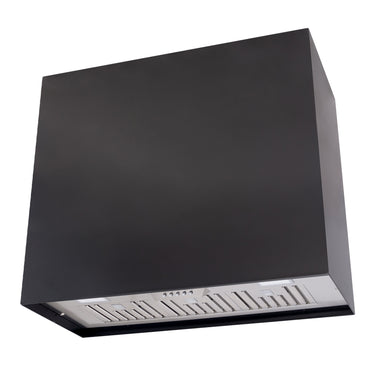 Black kitchen hood with silver vent on a white background