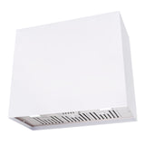 White range hood with silver exhaust on a white background